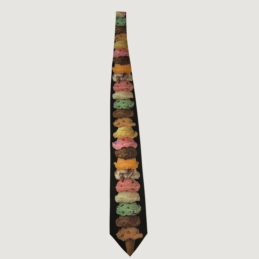 Vintage 1997 Ralph Marlin Ice Cream Novelty Tie USA Dessert Scoops Black Necktie